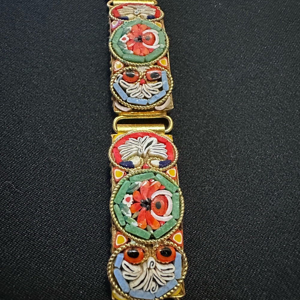 Vintage Millefiori Bracelet  Multicolor Micro Mosaic Floral Panels Goldtone 8" - Picture 8 of 8